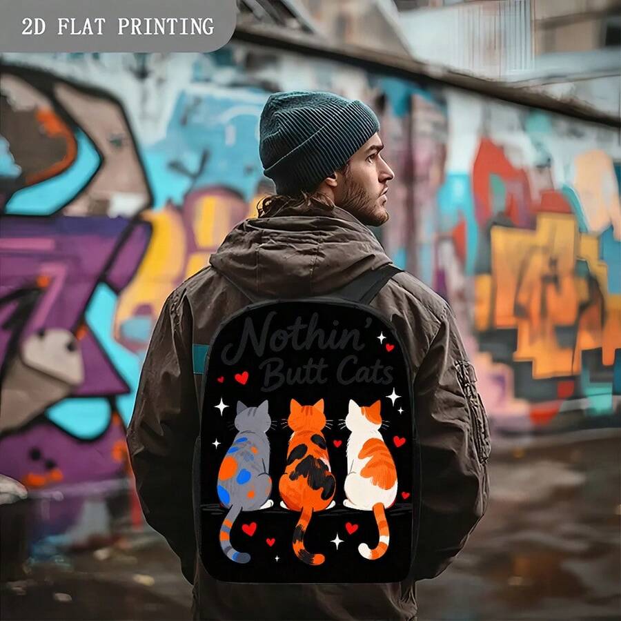 Embroidery Cat - Three Cat Print Backpack With Heart