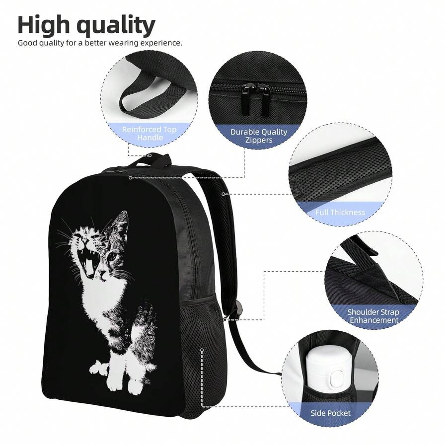 Embroidery Cat - Black Cat Print Backpack With Reinforced