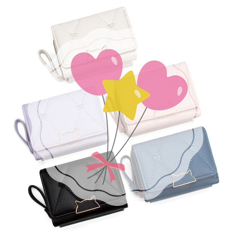 Embroidery Wallet - PU Leather Short Wallet With Cat