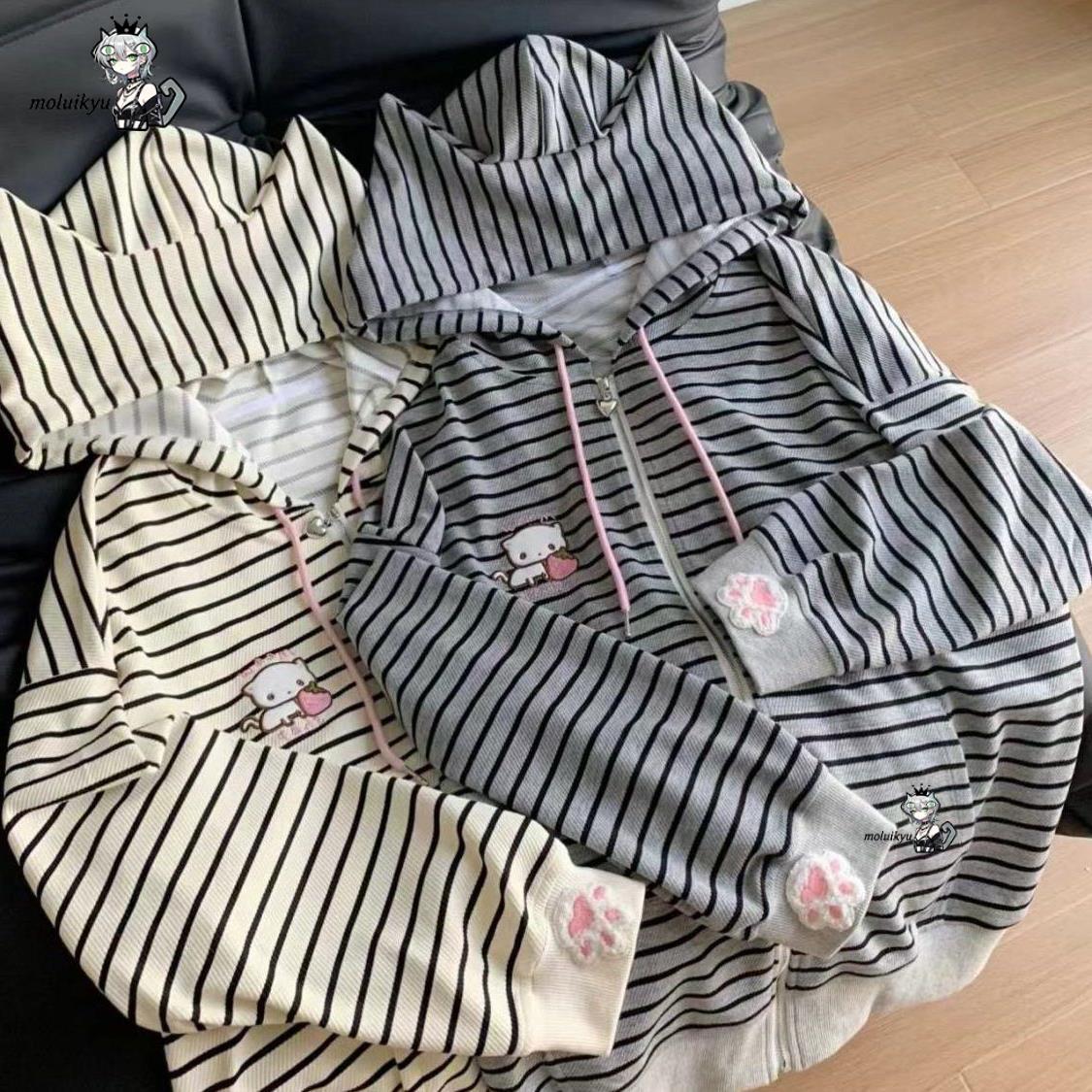 Y2K Women Striped Zip Up Jacke – Embroidery Cat recenzja i cena