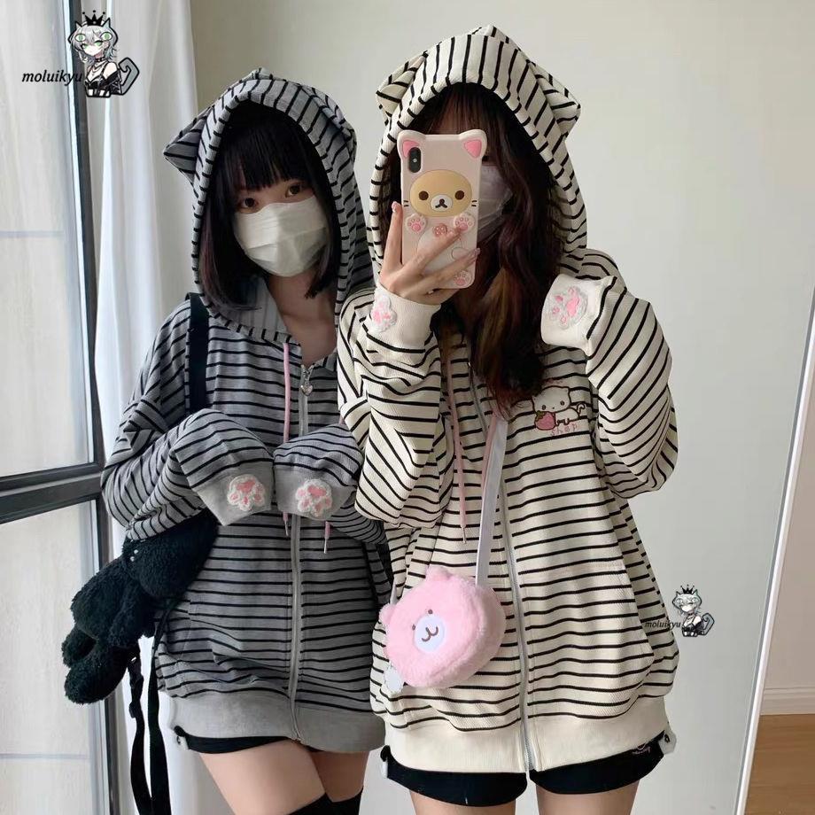 Y2K Women Striped Zip Up Jacke – Embroidery Cat recenzja i cena