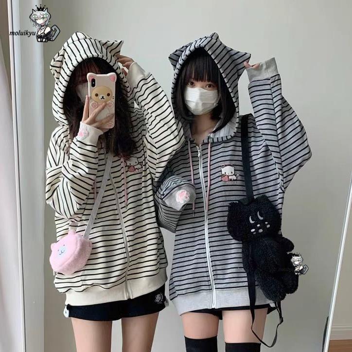 Y2K Women Striped Zip Up Jacke – Embroidery Cat recenzja i cena