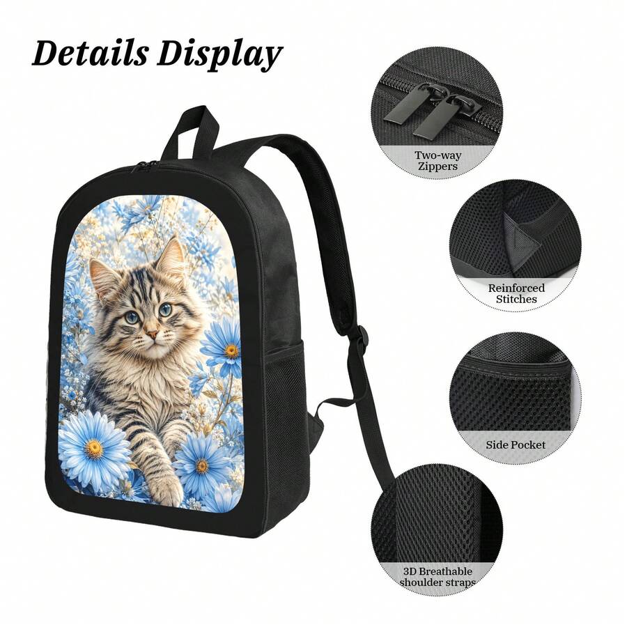 Blue Daisy Cat Print Backpack  – Embroidery Cat recenzja i cena