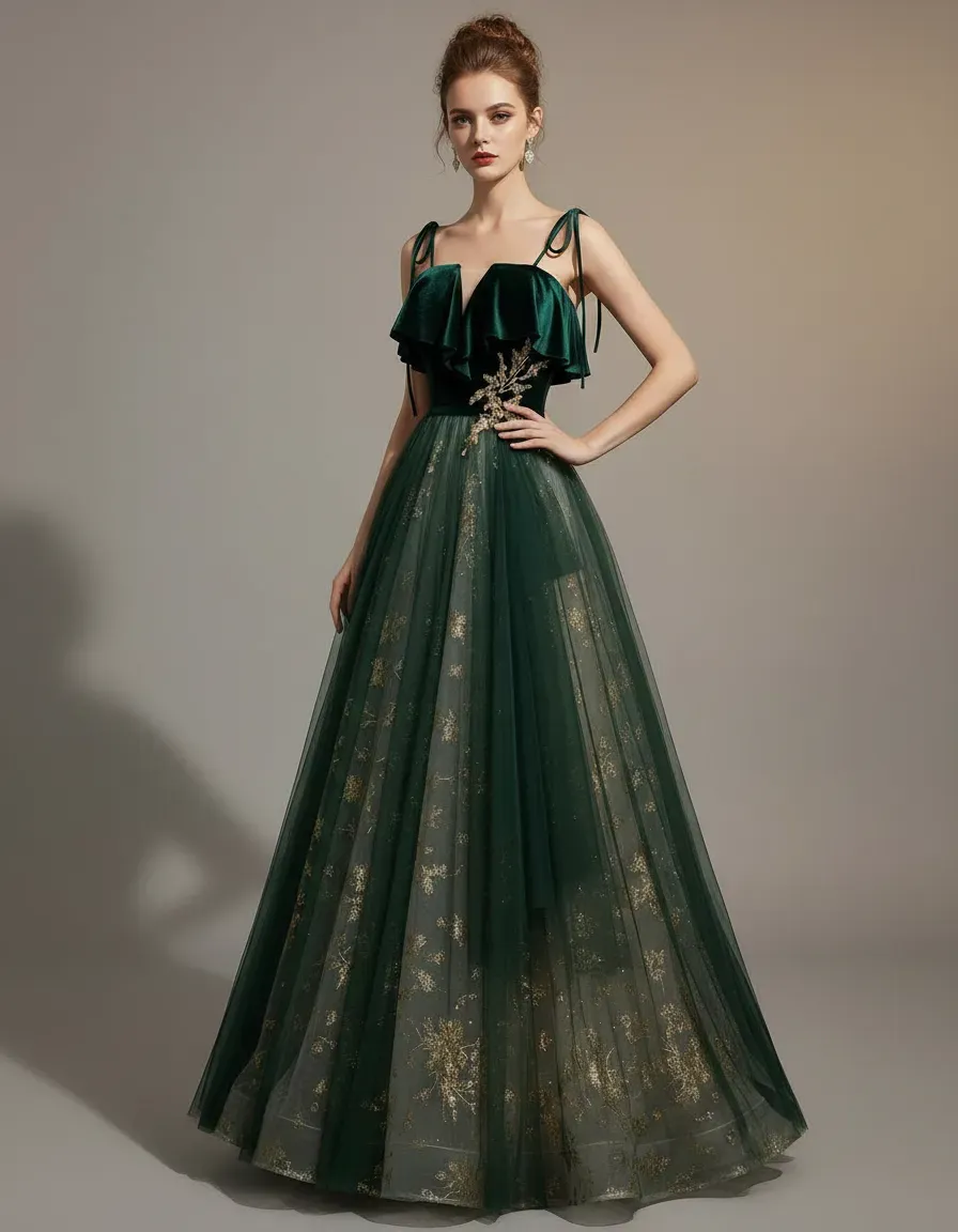 Emerald Green Velvet Top Tulle – Embroidery Gold recenzja i cena