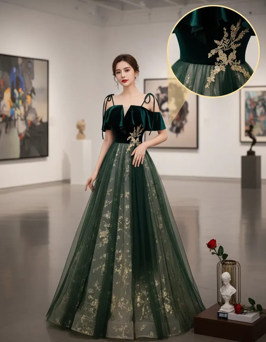 Emerald Green Velvet Top Tulle – Embroidery Gold recenzja i cena