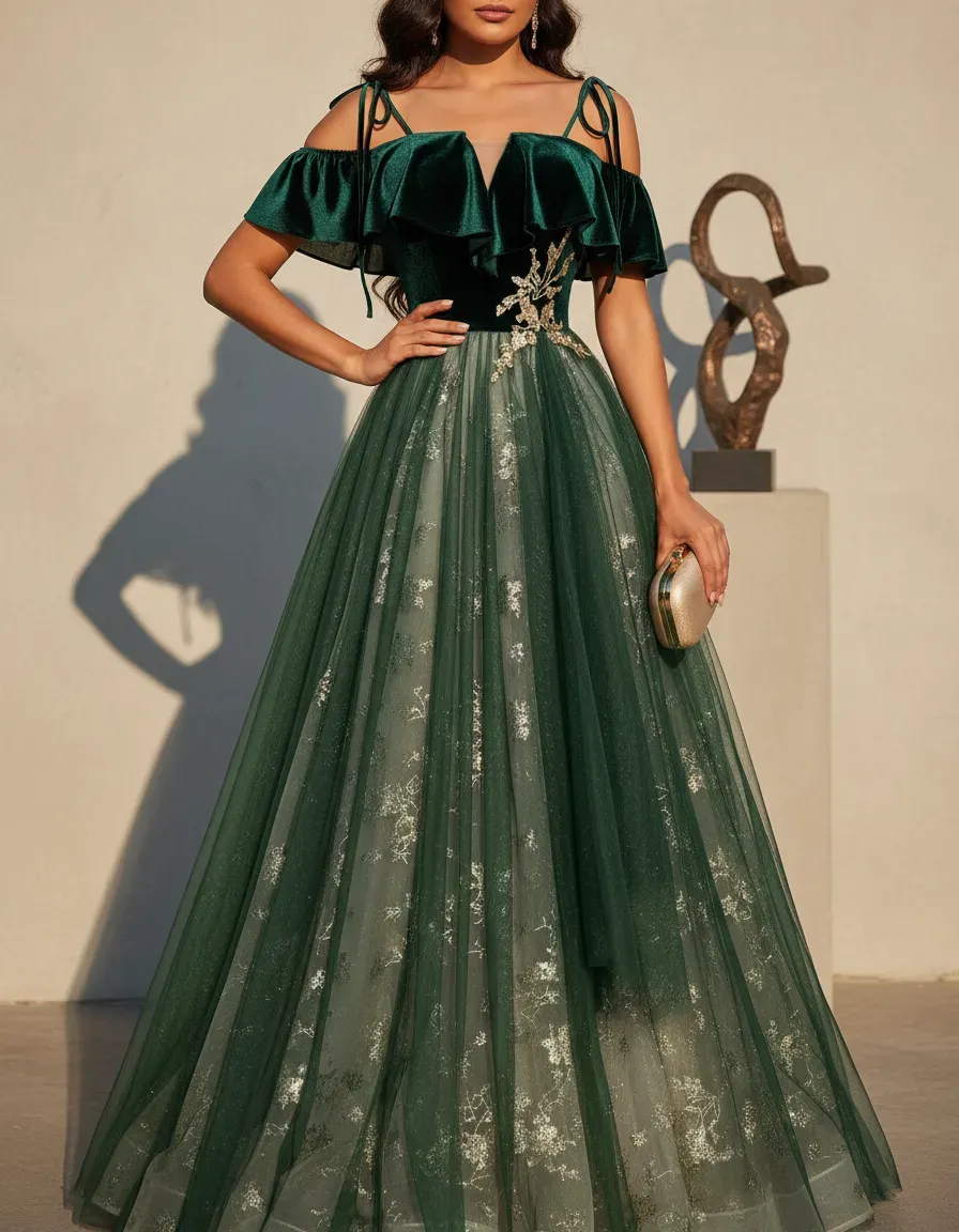 Emerald Green Velvet Top Tulle – Embroidery Gold recenzja i cena